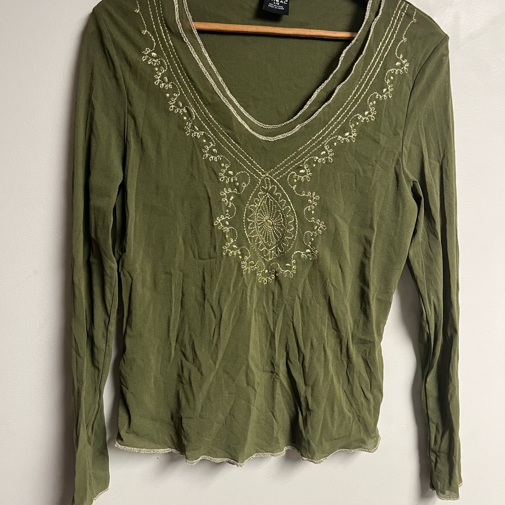 Tribal Olive Green Embellished Long Sleeve Boho Top Size L